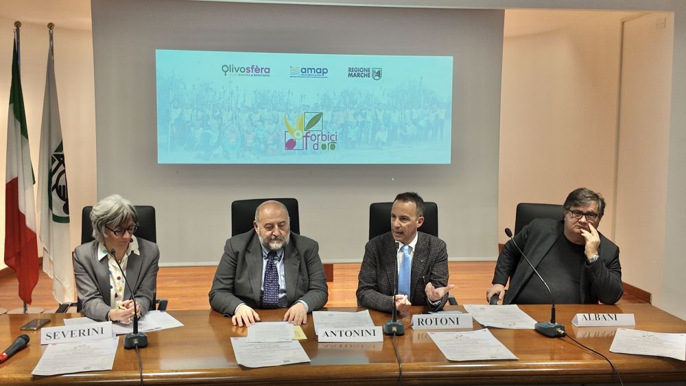 L'immagine ritrae da sinistra, il direttore AMAP Francesca Severini, l'assessore regionale all'Agricoltura Andrea Maria Antonini, il presidente AMAP Marco Rotoni e il dirigente scolastico dell'IIS Cuppari-Salvati Alfio Albani.