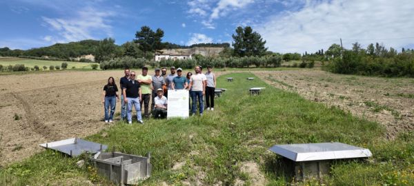 L'immagine ritrae i partecipanti, in campo durante la visita, mentre posano per una foto di gruppo con i docenti dell’Istituto “Cuppari-Salvati” di Jesi e i ricercatori coinvolti nelle attività